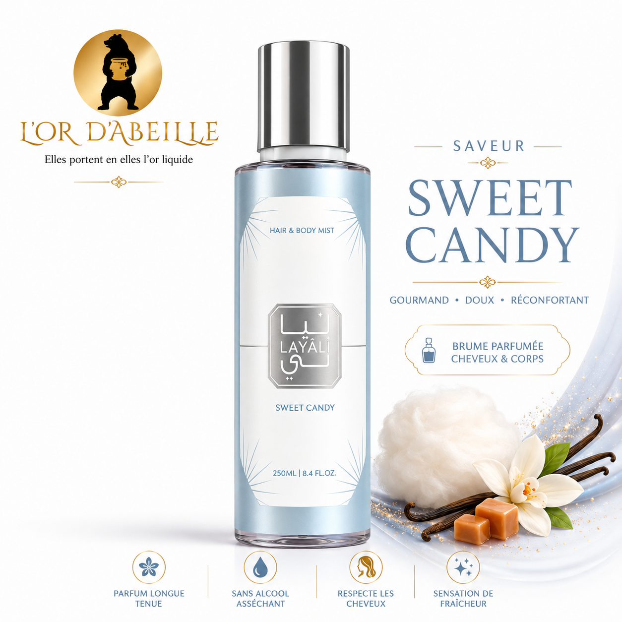 2026/07/1000426839.png Brume Parfumée Cheveux & Corps 250 ml – Bonbon Sucré – Layali – Image 1