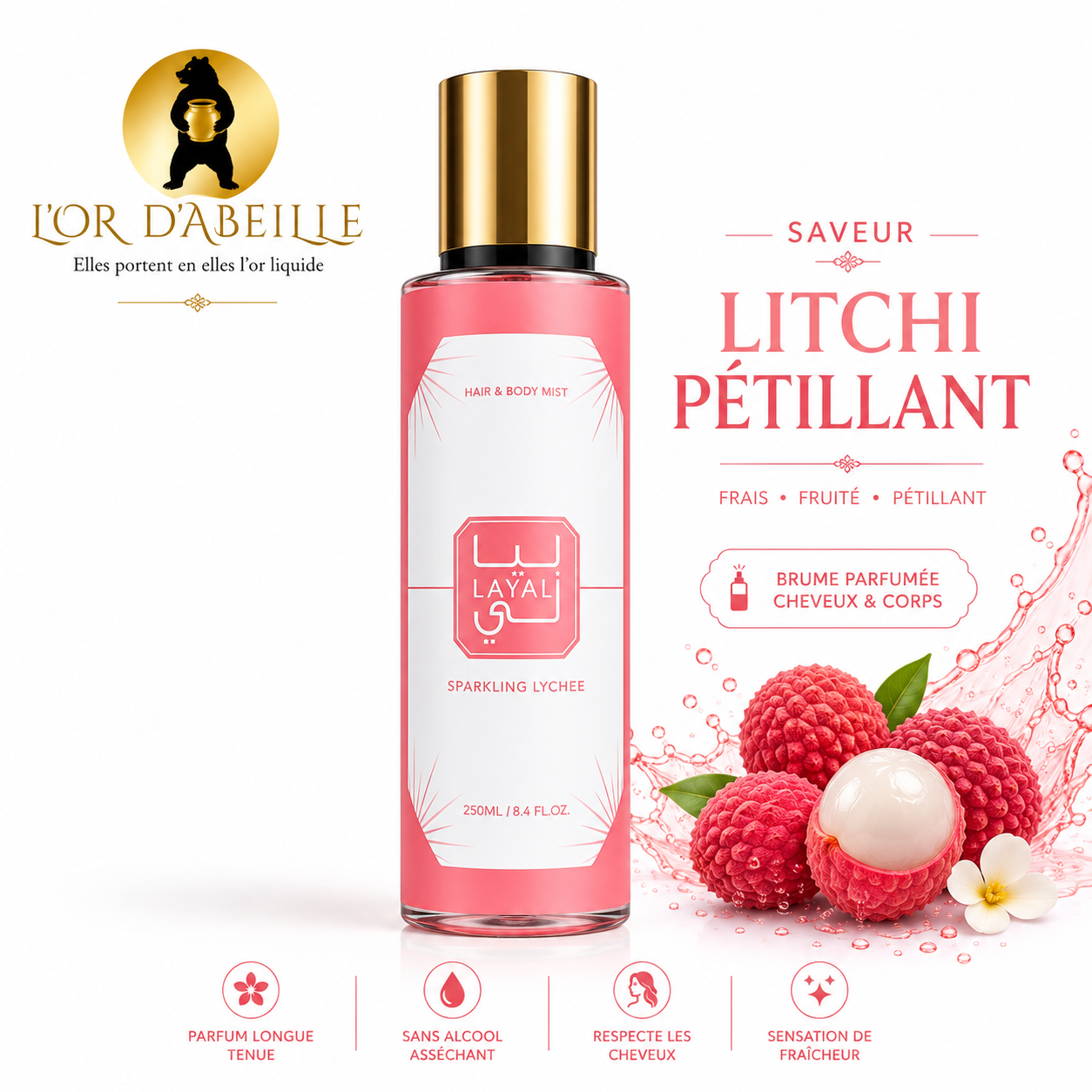 2026/07/1000426849.png Brume Parfumée Cheveux & Corps 250 ml – Litchi Pétillant – Layali – Image 1